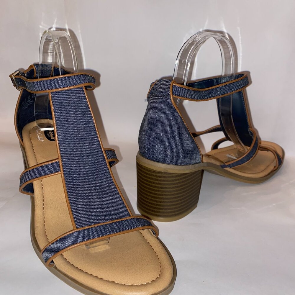Women's Dr Scholl's SHINE Sandals Chambray Blue Denim Block Heels Size 9.5